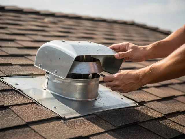 Grove City Dryer Vent Cleaning certified technician safely cleaning a roof-mounted dryer vent in Grove City