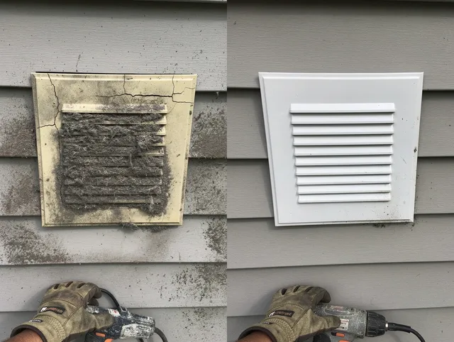 Grove City Dryer Vent Cleaning technician installing high-quality dryer vent cover at a residential property in Grove City