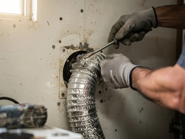 Grove City Dryer Vent Cleaning technician performing precise dryer vent hose installation in Grove City